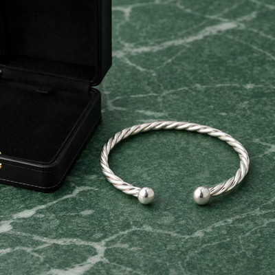 925 Sterling Silver Braided Cuff Bangles Women Handmade Balls Bracelets All Size