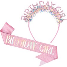 Birthday Girl Crown and Sash for Women, Pink Birthday Decorations Gifts Outfi...