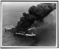 Photo:World War II Burning Ship at Sea 1940s Aerial Smoke Fire Oil Tanker