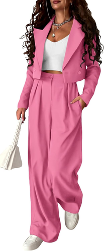 Women'S 2 Piece Casual Outfits Cropped Blazer Jackets High Waisted Wide Leg Work - Picture 11 of 12