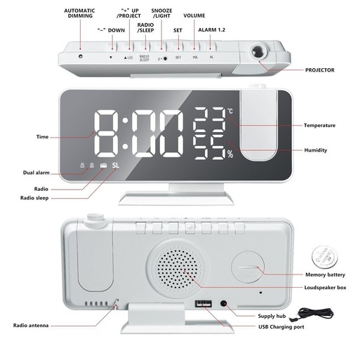7.5" LED Digital Projection Dual Alarm Clock Snooze FM Radio Timer Monitor USB - Picture 9 of 12
