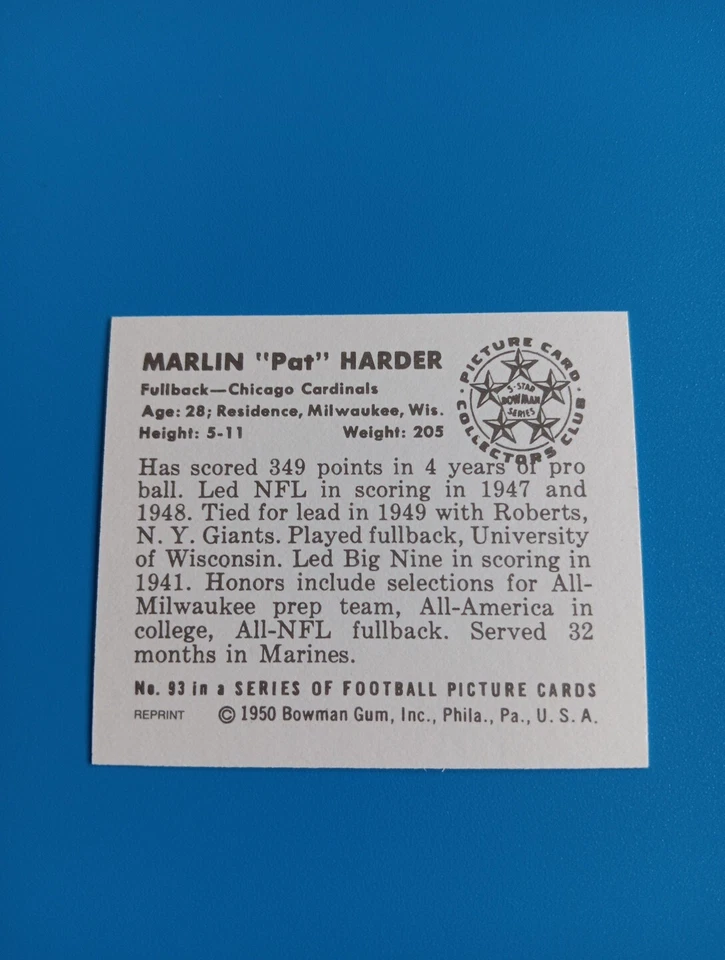 Marlin Harder 1950 Bowman Reprint Football Card Chicago Cardinals #93 - Image 2 of 2
