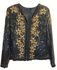Vintage Royal Feelings Black Silk Jacket Gold Sequins Large Minimal Wear Hooks