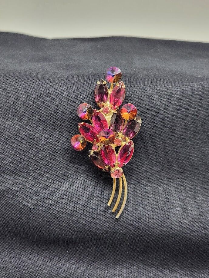 VTG Floral Brooch Pink & Purple Rhinestone open b… - image 1