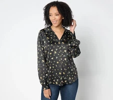 Isaac Mizrahi Estate Printed Stretch Sateen Button Front Blouse - Sz L a658686