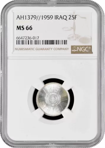 Iraq 25 fils 1959, NGC MS66, "Republic of Iraq (1959 - 2013)" silver coin