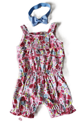 Mädchen Sommerkleid Overall Jumpsuit mit Stirnband + Schleife Gr 50 PUPPENKLEID