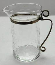 Vintage Clear Etched Glass Pitcher Vase Metal Handle Creamer Milk Syrup Espresso