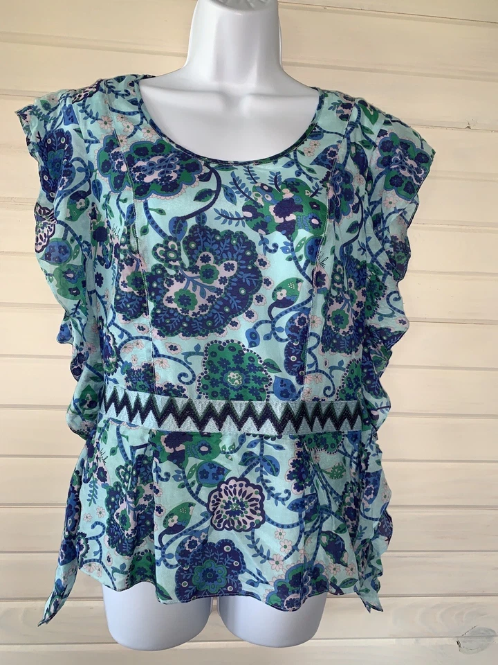Walter Blouse Size 8 Silk Cotton Walter Baker Blue Ruffle Aqua Floral VGUC - Image 2 of 4