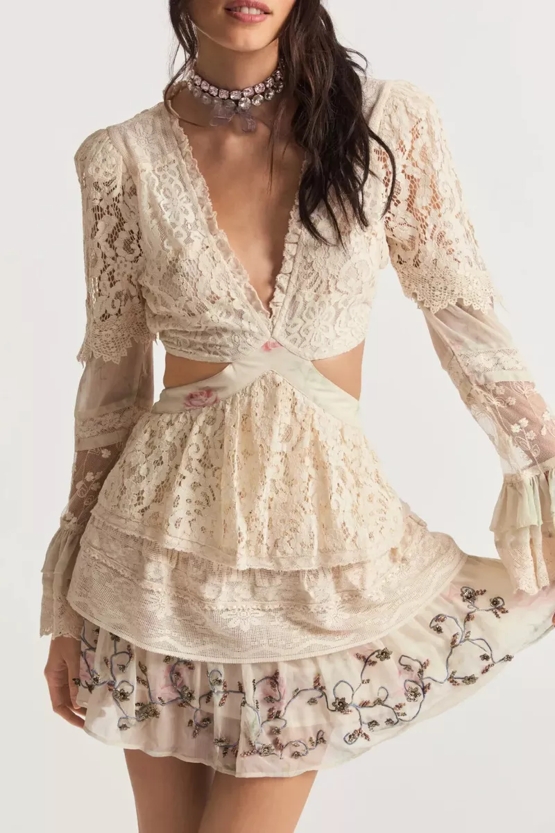 525 NEW LoveShackFancy KARINE CUT OUT VIOLE MINI Dress Magnolia Tea Beaded XL