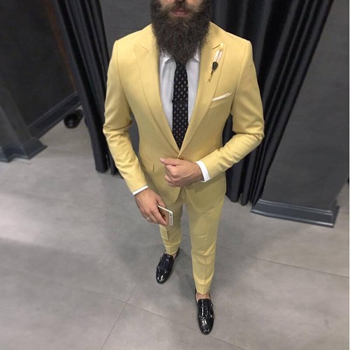 Men Yellow Suit Slim Fit Groom Tuxedos 