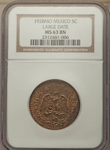 MEXICO ESTADOS UNIDOS 1928 5 CENTAVOS COIN CERTIFIED UNCIRCULATED NGC MS63-BN
