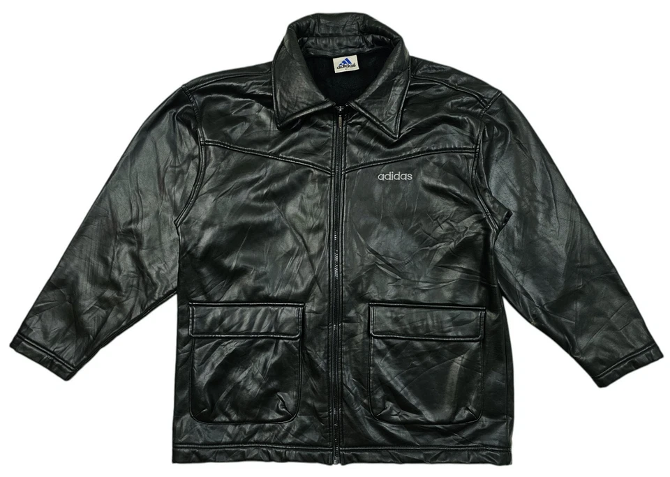 *HOT VTG JAPAN Men ADIDAS SPORTS PARKA LINED STRETCH BLACK PU LEATHER Jacket M-L - Image 3 of 4