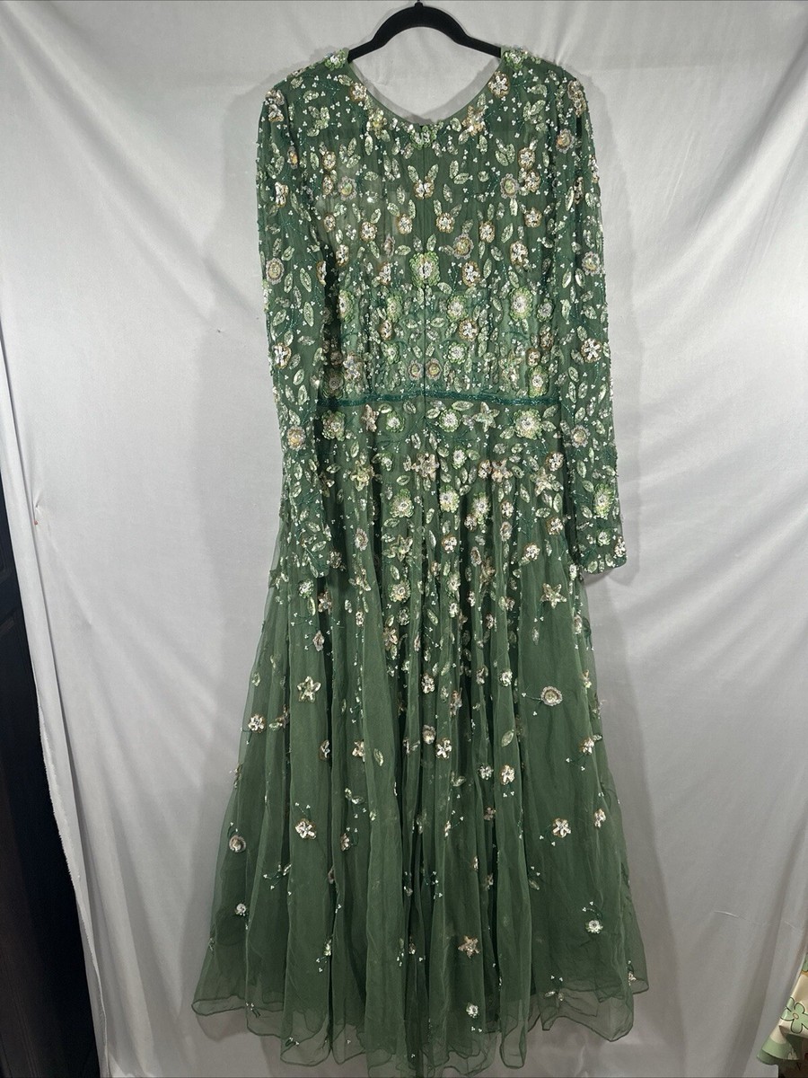 ★Mac Duggal★ Green メッシュ ロングスリーブ Aラインドレス Green Embellished High Neck Long Sleeve A Line Gown - Mac Duggal