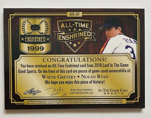 2019 Leaf ITG Used Enshrined 16/35 Jersey Wayne Gretzky Nolan Ryan 2 Color Patch - Picture 3 of 4