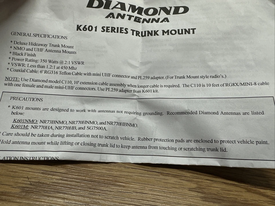 Diamond Antenna K601 Series Hideaway Trunk Mount K601NMO NMO 6ft Coax Cable - Image 4 of 4