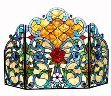 Fireplace Screen Floral Victorian Tiffany Style Stained Glass 3 Piece 28 x 44