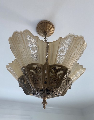ANTIQUE VINTAGE ART DECO LIGHT FIXTURE CHANDELIER SLIP SHADE Consolidated Glass - Picture 2 of 19
