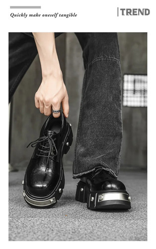 Scarpe da lavoro uomo alla moda stile europeo fondo spesso metallo stivali pelle nero - Foto 15 di 18