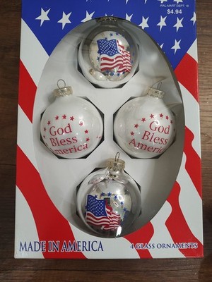 Vtg USA God Bless America 4 Glass Ornament Set Rauch Walmart Patriotic Flag O49