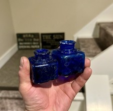 Pair Of Pretty Antique Cobalt Blue Ink Well B...