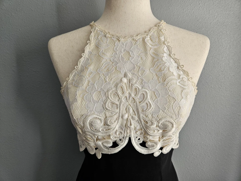 Vestido de Noche Vintage Josie Natori Años 90 Y2K Largo Completo Negro Blanco Baile de graduación Foto 3 de 4