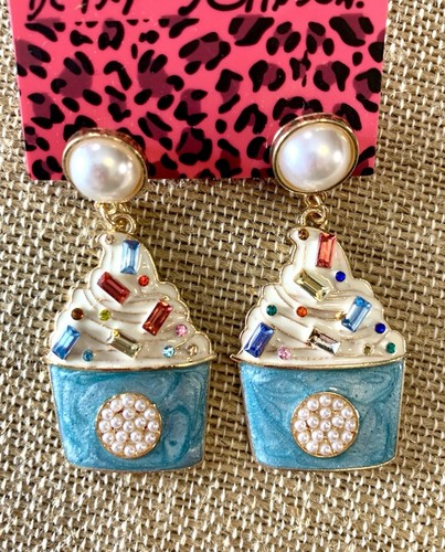 Betsey Johnson Ice Cream Dangle Earrings 2” Blue Enamel, Pearl, Rhinestones - Picture 2 of 7