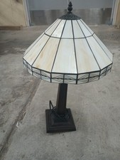 Vintage MCM Tiffany Style Stained Glass Design Wood Base Table Lamp 19 1/2"H BOX