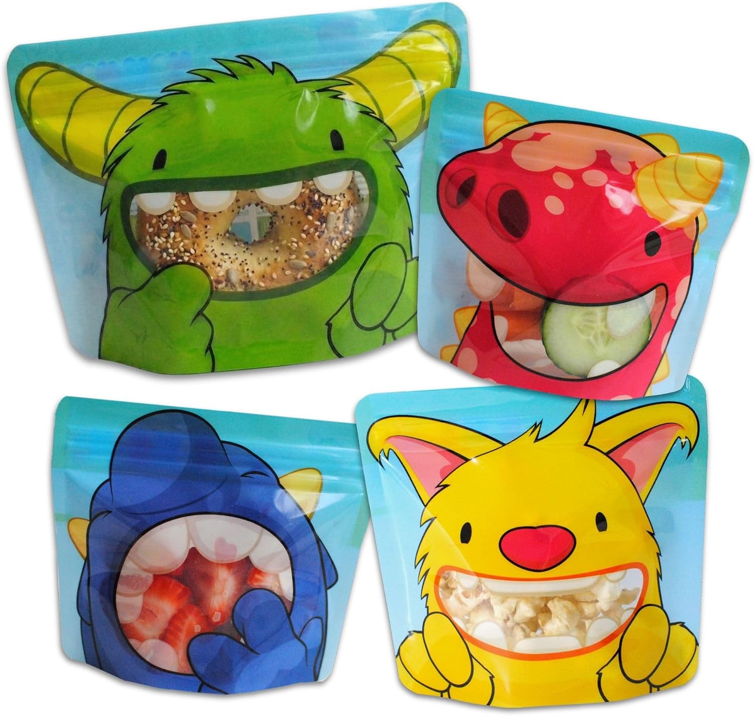 Nom Nom Kids Reusable Snack Bags 4 Pack 3 Sizes Zip Food Pouches Monster