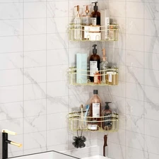 Gold corner shower caddies with depth caddy and Built in 12 hooks rustproof w...