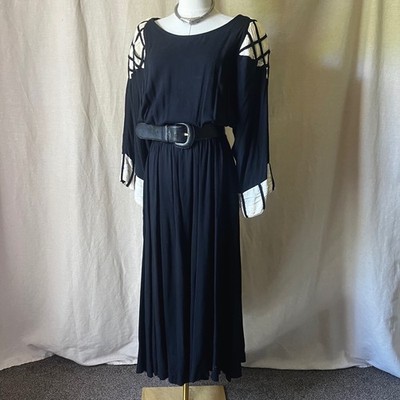 Vintage 1980s Spencer Alexis Black Rayon Dress Size 18 Quilted Lattice Shoulder