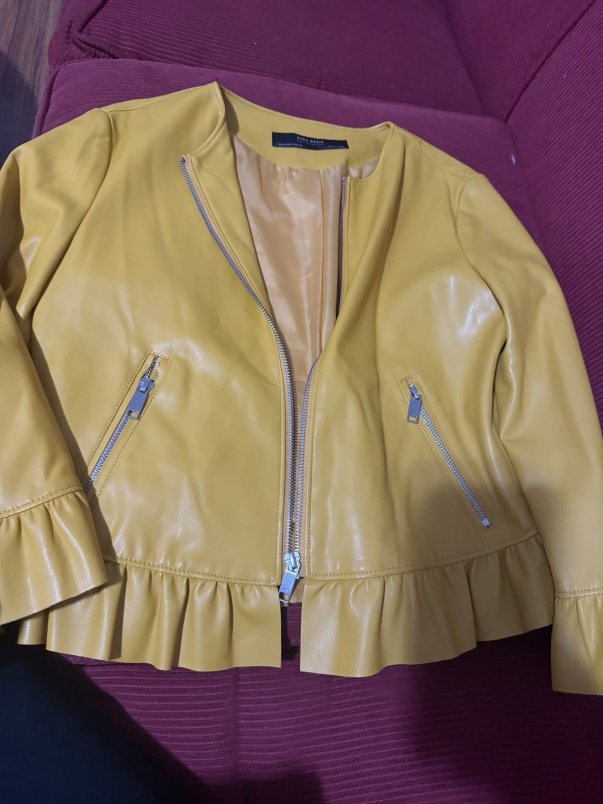 Zara Basic Yellow Ruffle Zip Collarless Long Slee… - image 1