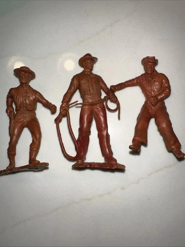 3 Vintage Marx Plastic Figure Cowboy with Lasso, Mask, Ride Western 3 Inch Brown