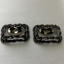 Vintage Signed Tip Toe Designer Shoe Clips Silvertone and Black with leaf design
