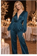 New with Tags Mac Duggal IEENA Teal Long Sleeve Formal Jumpsuit 2647 Size 0 