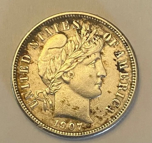 1907 Barber dime Au with album toning