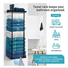 Wall Mounted Towel Rack Metal Bathroom Organizer with Shelf Hooks Black