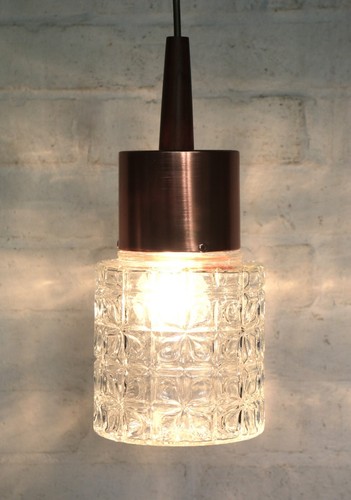 Ceiling Light Vintage Pendant 70s G-Plan Era Clear Glass Teak Copper 14 Cm Dia. - Picture 9 of 12