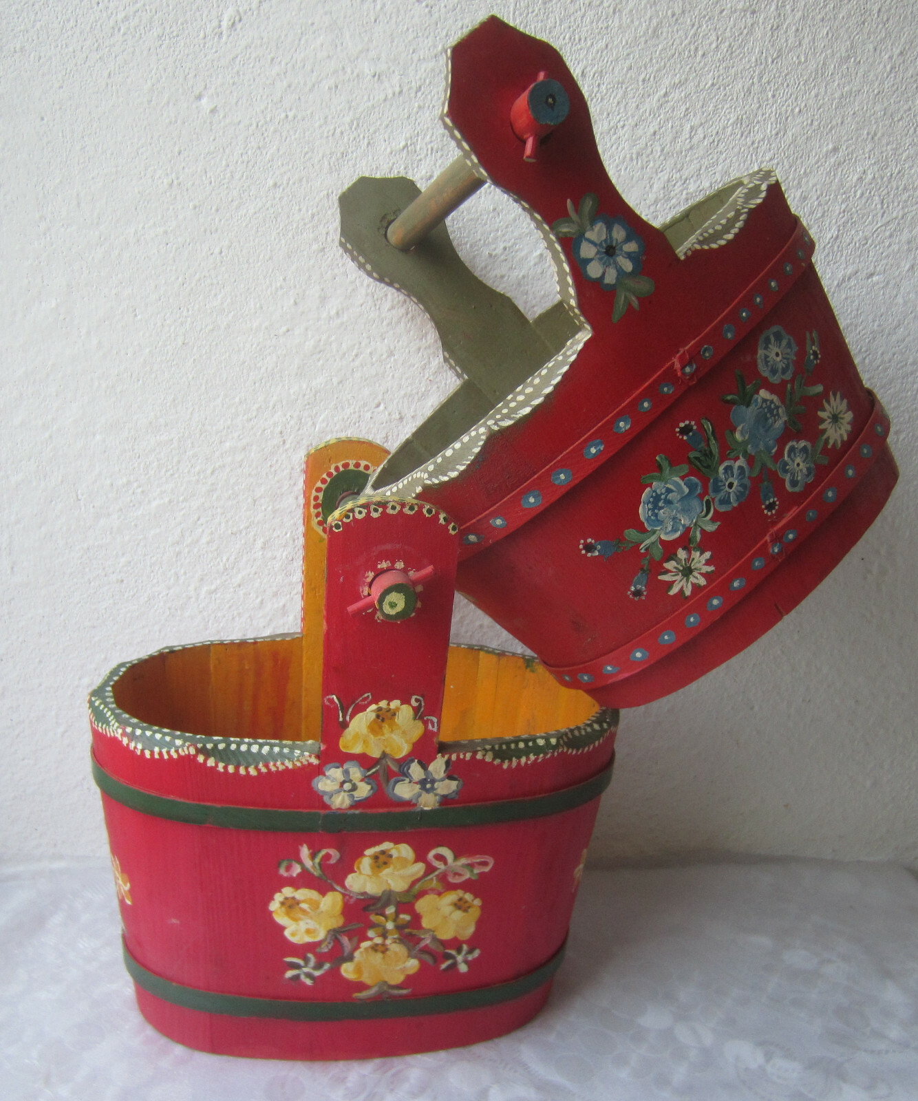 2 x Beautiful vintage red hand painted wooden Bucket, handle flowers