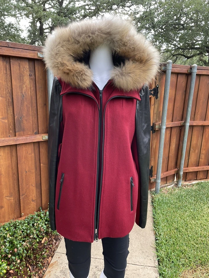 Abrigo Soia & Kyo Borgoña Lana y Cuero Negro Talla 6 Capucha de Piel Extraíble Foto 2 de 4
