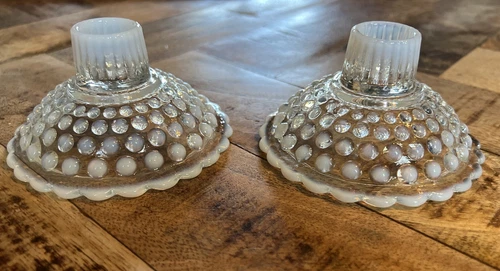 Vintage 1940s Hobnail Opalescent Moonstone Glass Candlestick Holders Set of 2