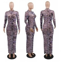 Women Printing Sexy Mesh Turtleneck Long Sleeve Party Mid-Calf High Waist Dress