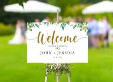 Custom Wedding Welcome Sign Gold & Green Leaves Outdoor Indoor Sign weddimg gift