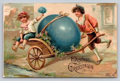 c1910 Old World Children Wheelbarrow Huge Exaggerate Egg Easter P81A
