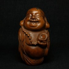 3.3 Inch Old Chinese boxwood hand carved Happy Maitreya Buddha Statue Decoration
