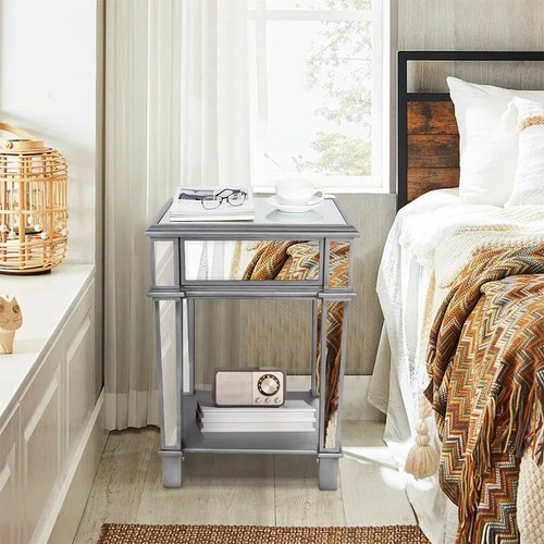 Versatile Mirrored Accent Silver Bedside Table Nightstand w/ Drawer&Open Shelf - Picture 10 of 10