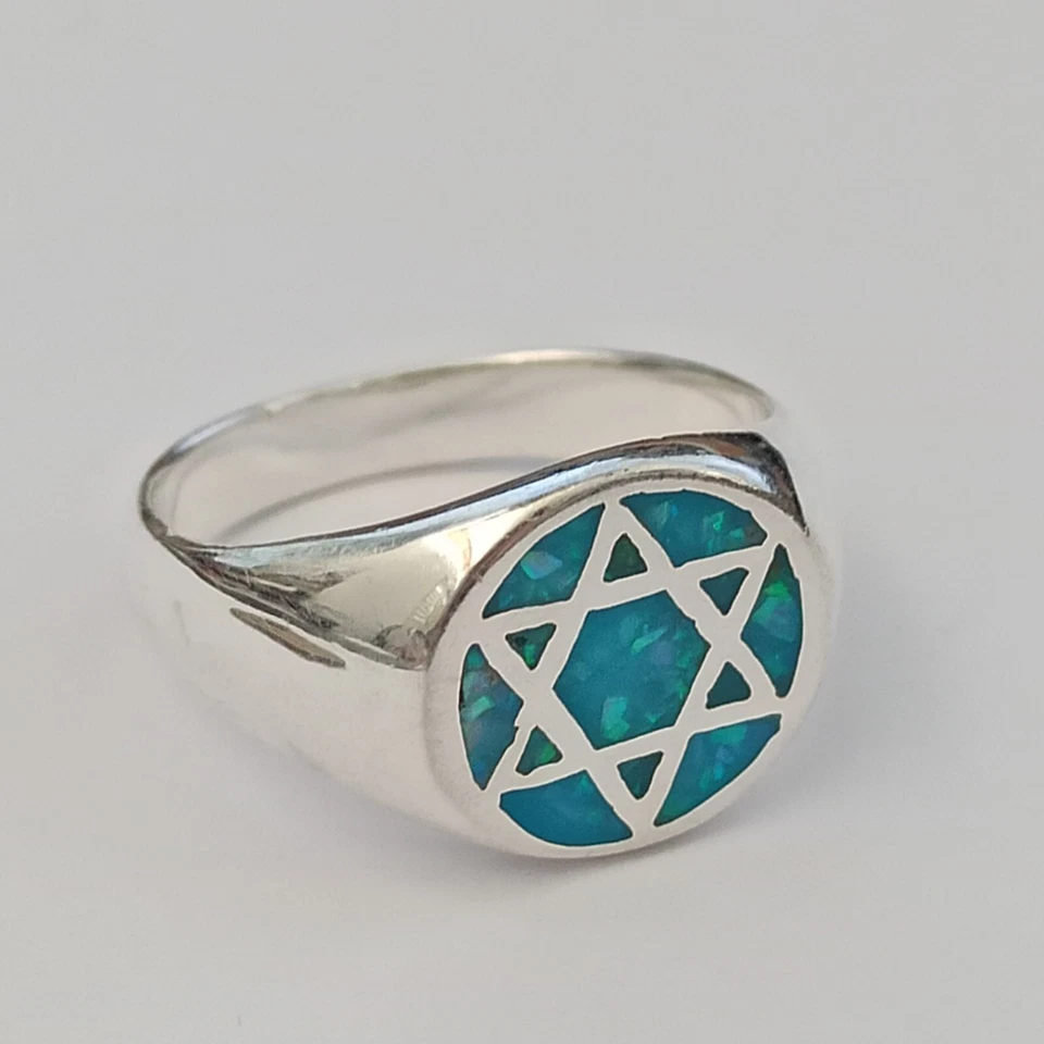 Star of David 戒指蓝色蛋白石印章平底银色 925 男式女式礼物 9.25 — 第 4/4 张图片