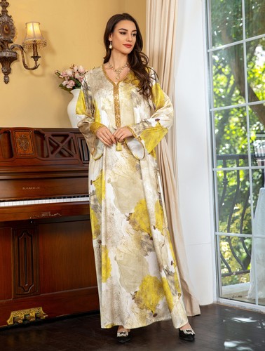Elegant Women Dubai Jalabiya Gown Muslim Printed Dress V-neck Abaya Kaftan S-2XL - Picture 21 of 30