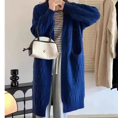Women Long Cardigan Coat With Pockets Winter Sweater Jacket Ribbed Overcoat - Picture 11 of 21
