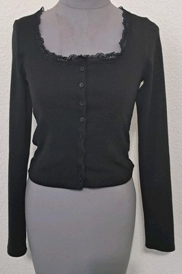 Forever 21 Black Lace Trim Ribbed Cardigan Size M Long Sleeve Button Front Top